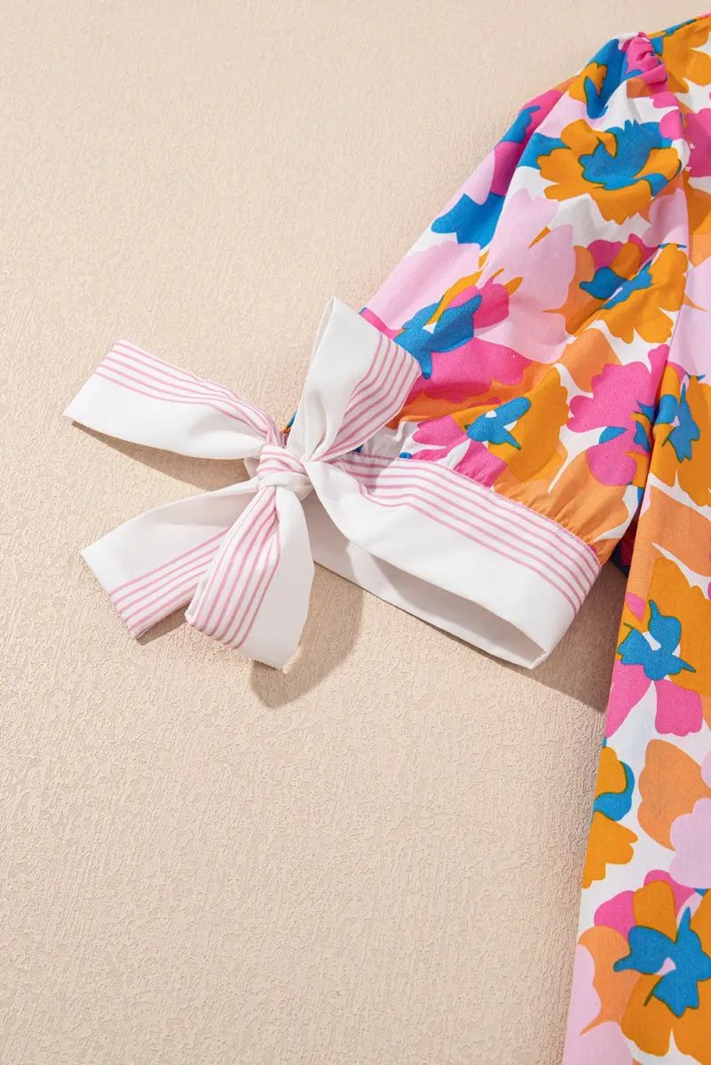 White Floral Colorblock Striped Edge V Neck Knotted Blouse - Love Salve